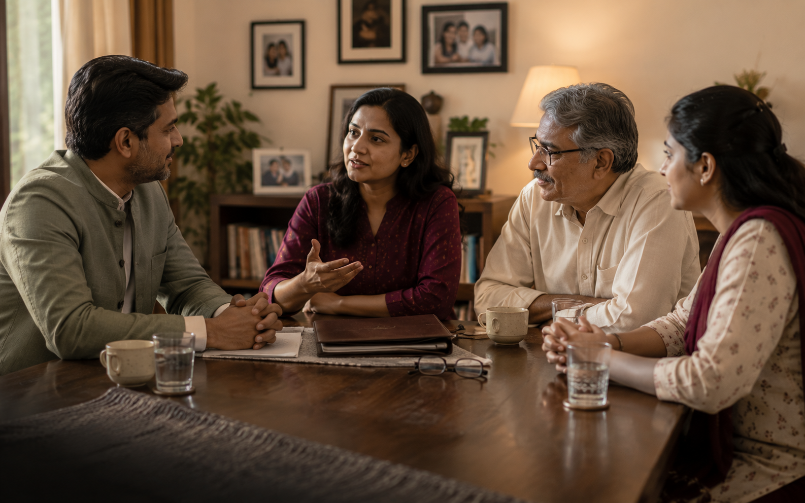 Insurance advisor discussing long-term protection with an Indian family